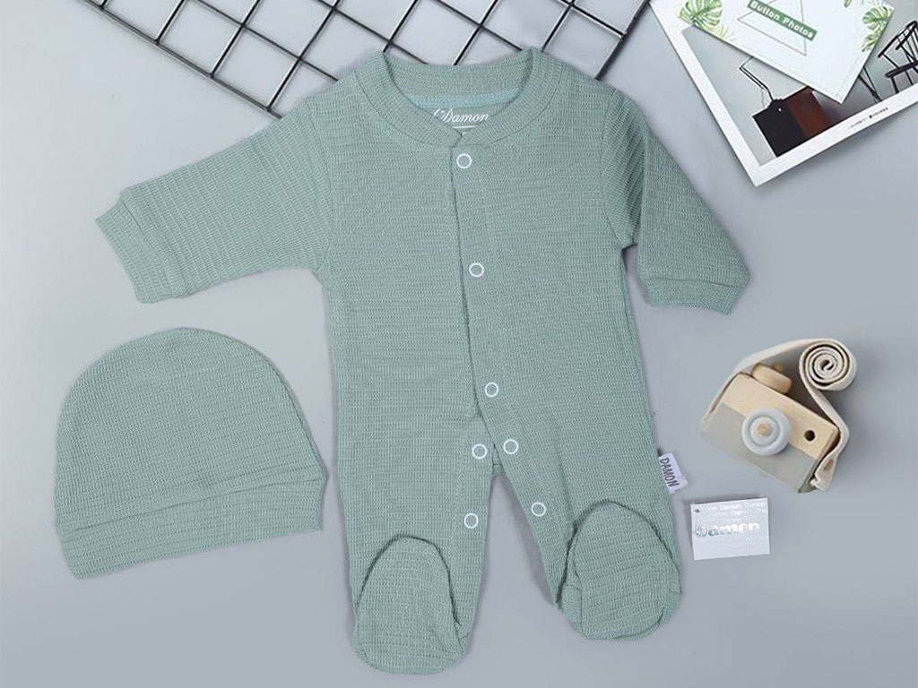 ست سرهمی سبز رنگ جورابدار و کلاه نوزادی دامون damon