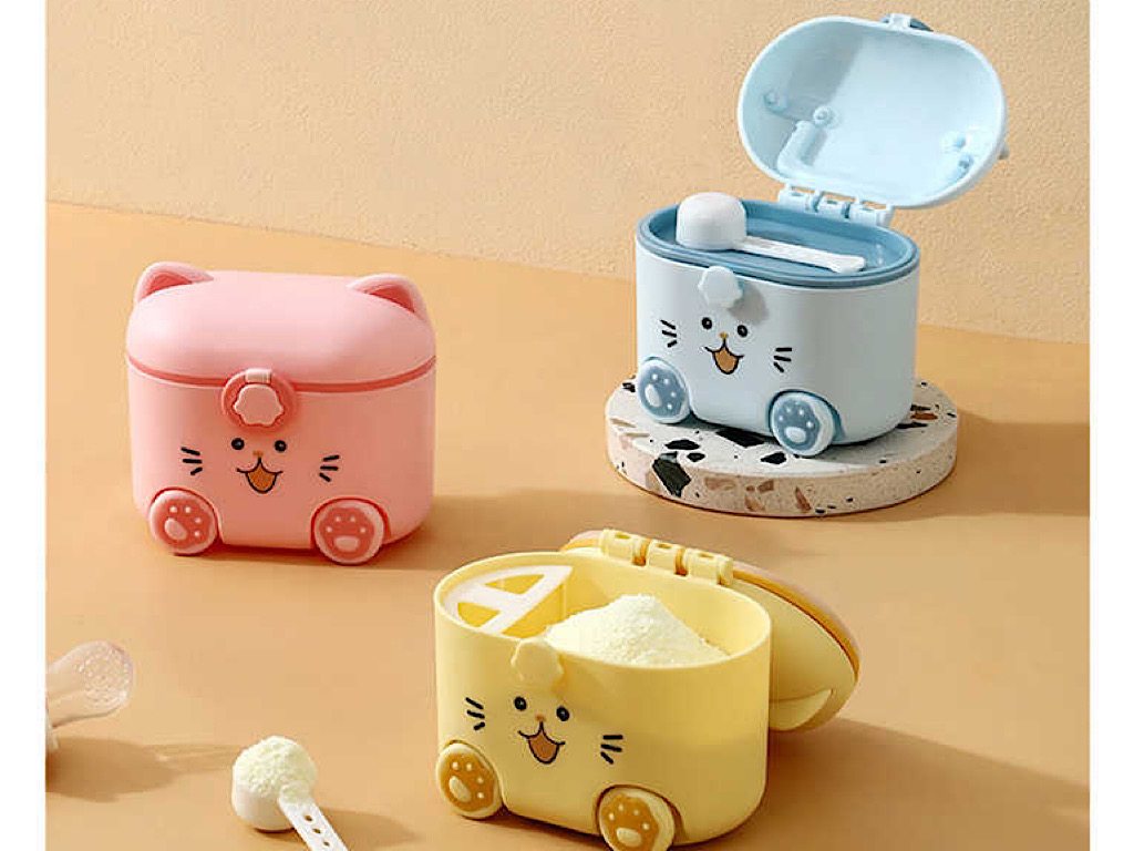 ظرف و انبار ذخیره شیر خشک نوزادی  طرح گربه چرخ دار با پیمانه