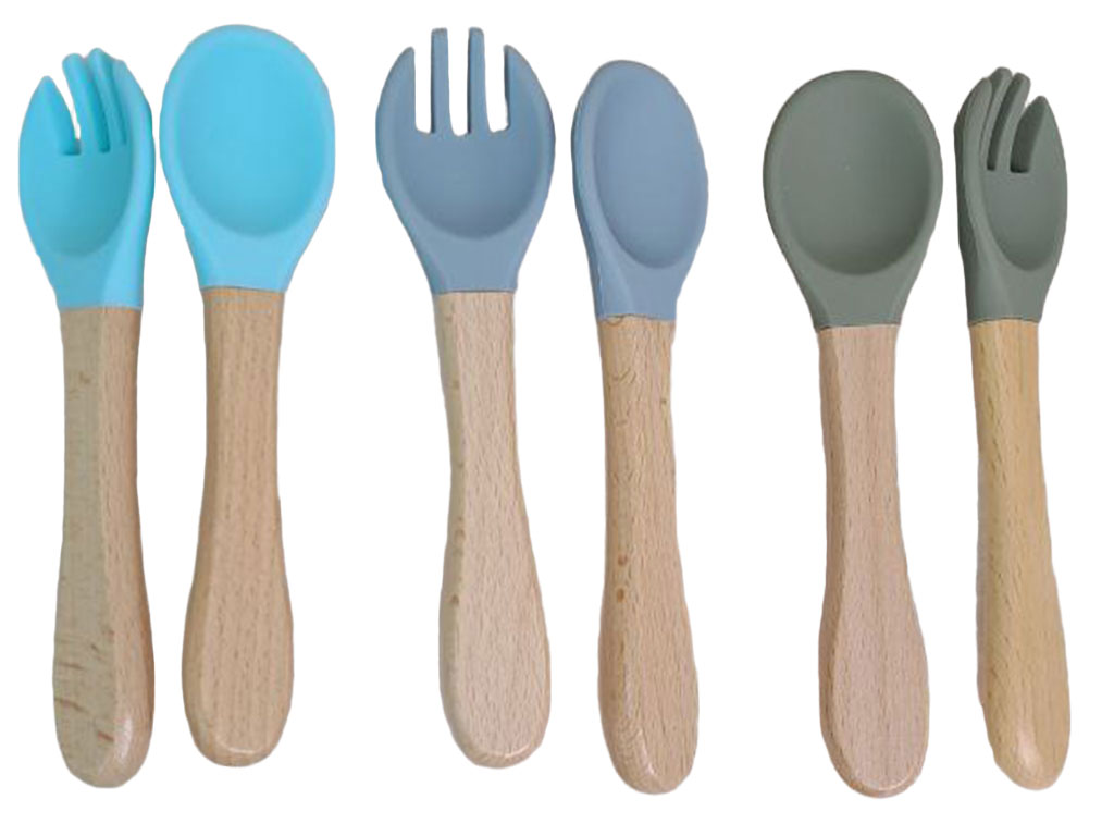 ست قاشق و چنگال سیلیکونی دسته چوبی دارای قاب
