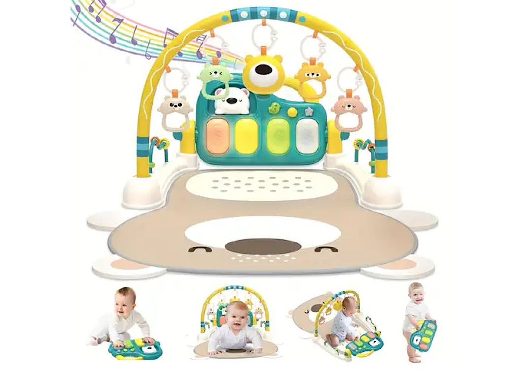 تشک بازی موزیکال و چراغدار طرح تدی با آویز پخش ملودی  نوزادی Obeien