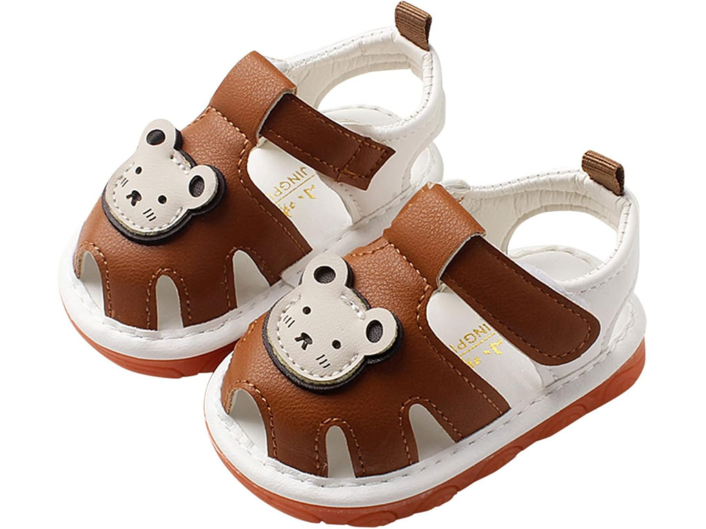 پاپوش نوزادی مدل صندل چسبی رنگ قهوه ای طرح خرس