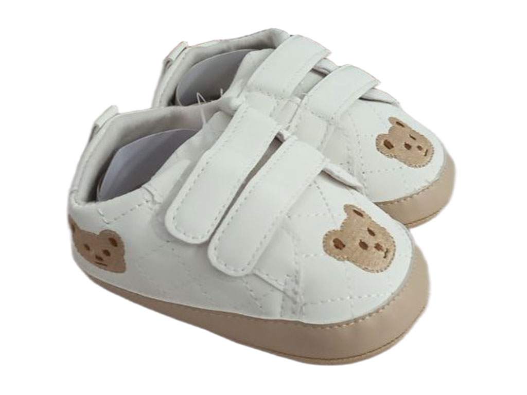 پاپوش نوزادی استپ دار مدل چسبی طرح خرس گلدوزی شده رنگ شیری