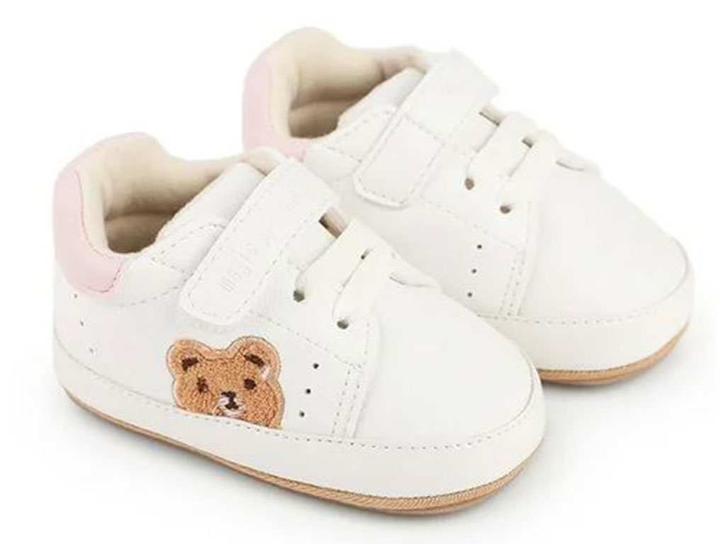 پاپوش نوزادی استپ دار طرح خرس گلدوزی شده رنگ شیری-صورتی