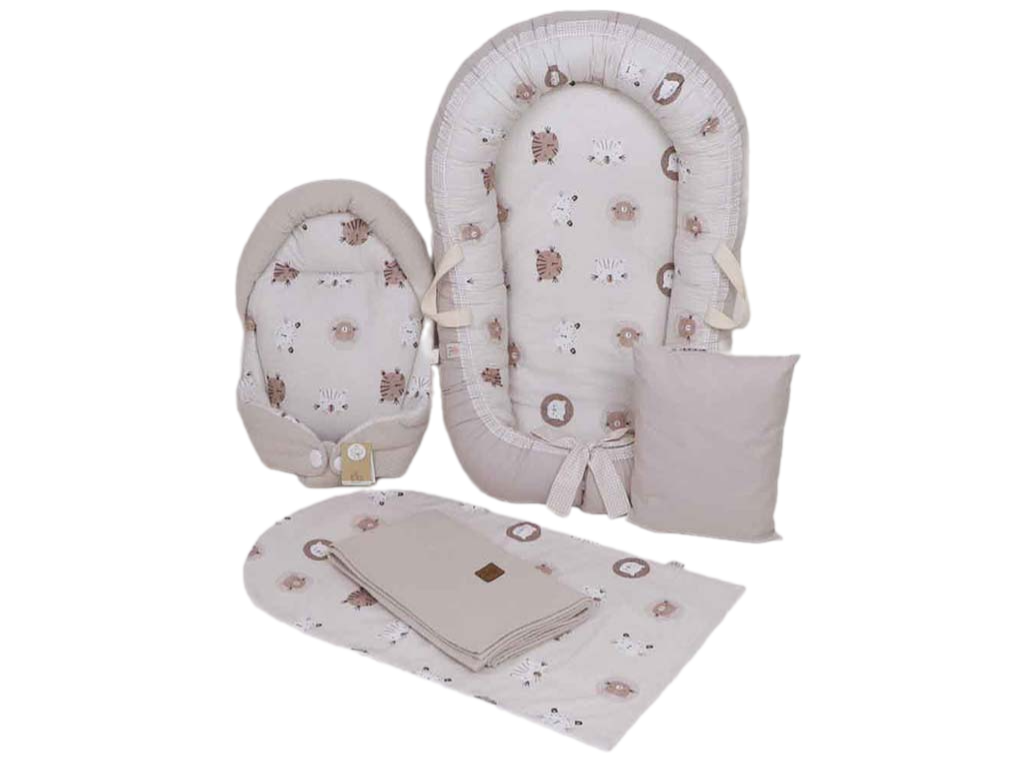 ست تشک لبه دار و آغوشگیر (قنداق سوئیسی) با بالشت و روانداز و زیرانداز تعویض طرح گربه  نسکافه ای الا ELA