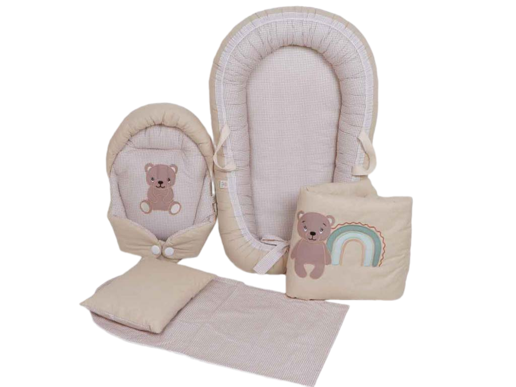 ست تشک لبه دار و آغوشگیر (قنداق سوئیسی) با بالشت و روانداز و زیرانداز تعویض طرح تدی الا ELA