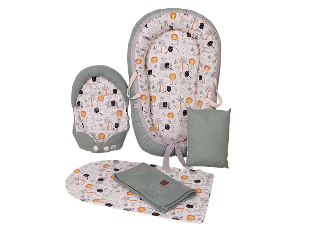 ست تشک لبه دار و آغوشگیر (قنداق سوئیسی) با بالشت و روانداز و زیرانداز تعویض طرح شیر و فیل طوسی و سبز  الا ELA