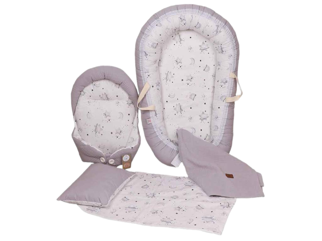 ست تشک لبه دار و آغوشگیر (قنداق سوئیسی) با بالشت و روانداز و زیرانداز تعویض طرح کهکشان خاکستری الا ELA