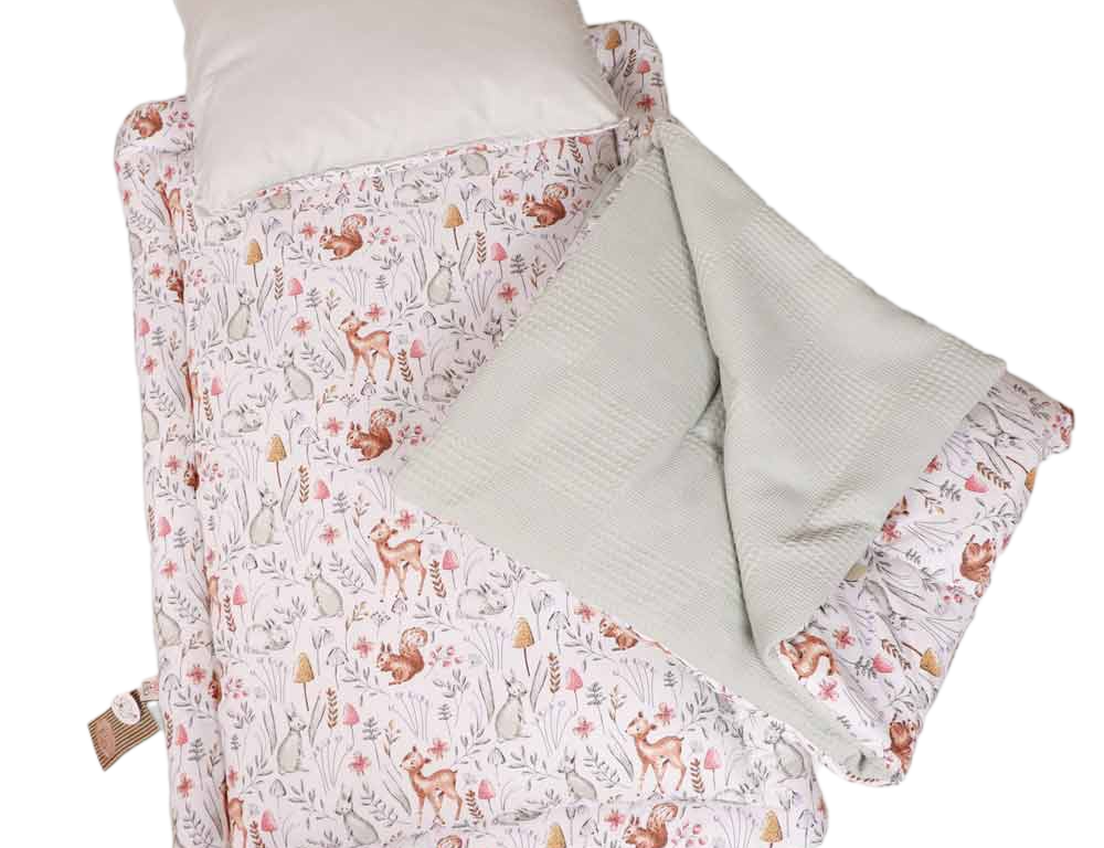 سرویس خواب دم دستی مسافرتی نوزادی(سایز 2)مجموعه 3 عددی تشک، لحاف و بالشت طرح چمنزار سبزآبی  الا ELA