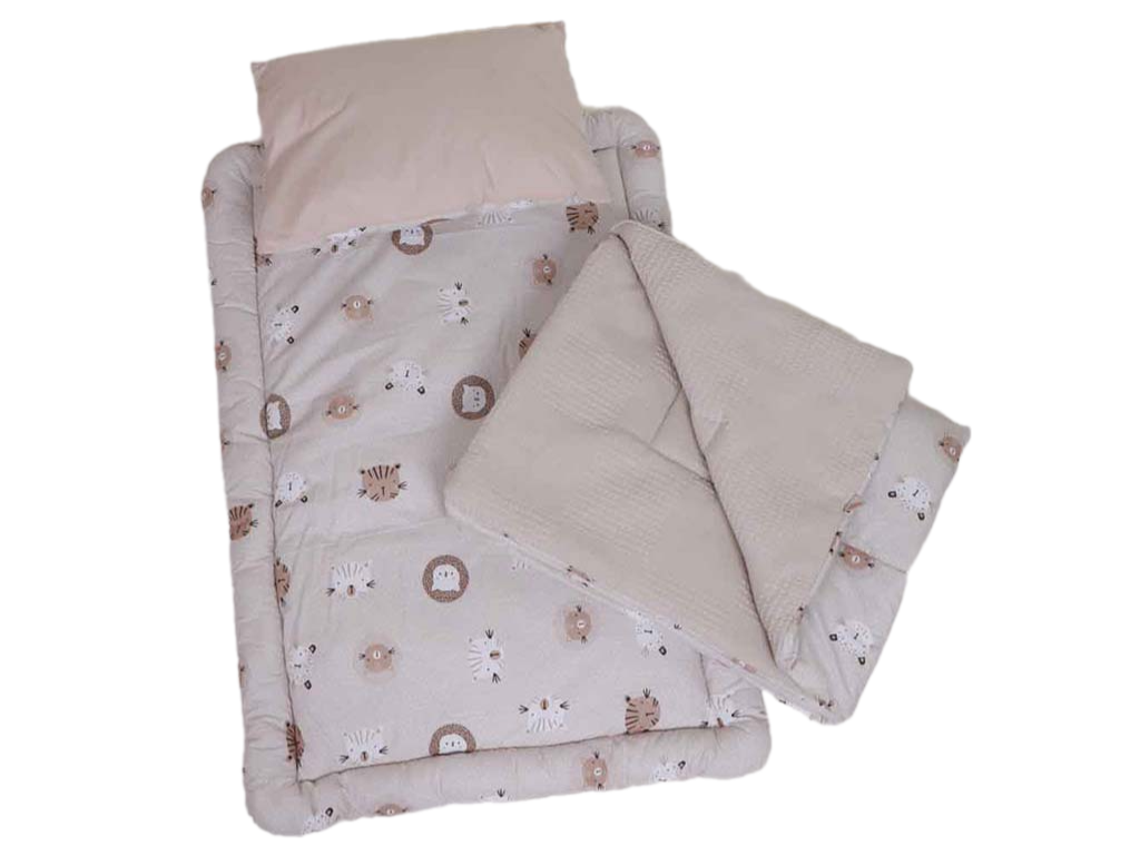 سرویس خواب گلدوزی دم دستی مسافرتی نوزادی(سایز 2)مجموعه 3 عددی تشک، لحاف و بالشت طرح گربه نسکافه ای الا ELA