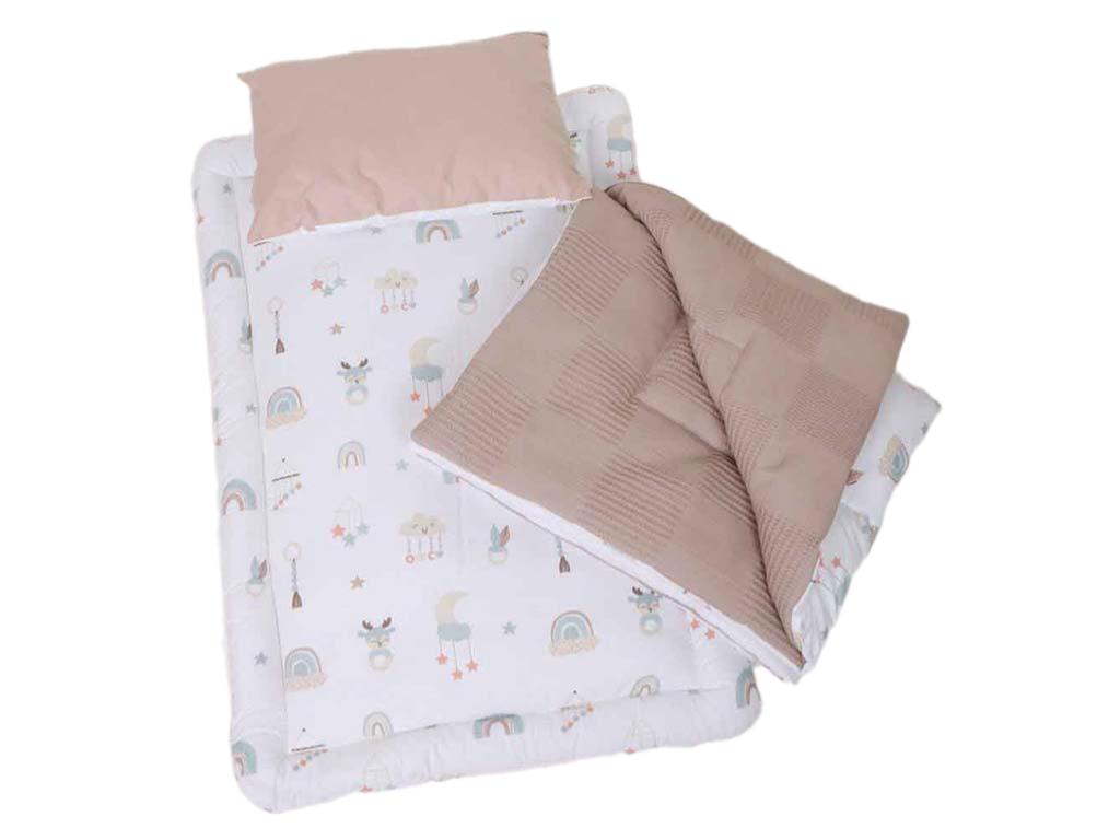 سرویس خواب دم دستی مسافرتی نوزادی(سایز 2)مجموعه 3 عددی تشک، لحاف و بالشت طرح آویز رنگین کمان نسکافه ای  الا ELA