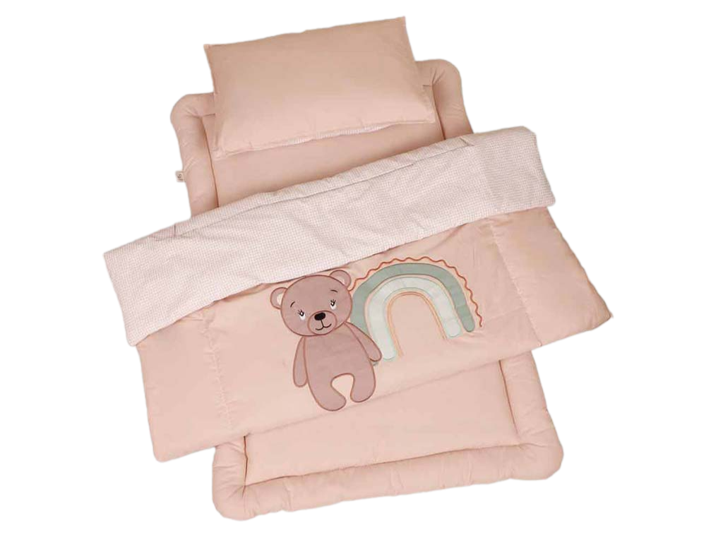 سرویس خواب گلدوزی دم دستی مسافرتی نوزادی(سایز 2)مجموعه 3 عددی تشک، لحاف و بالشت طرح تدی نسکافه ای  الا ELA