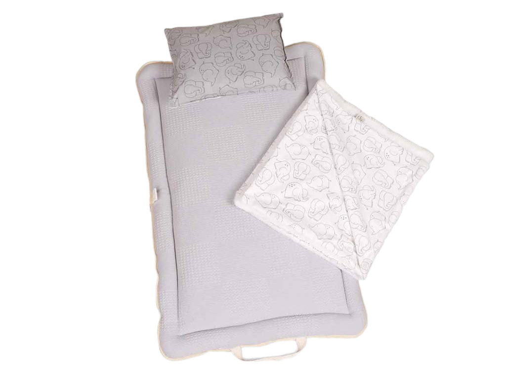 سرویس خواب دم دستی مسافرتی نوزادی مجموعه 3 عددی تشک، لحاف و بالشت با بسته بندی کیفی طرح فیل خطی طوسی الا ELA