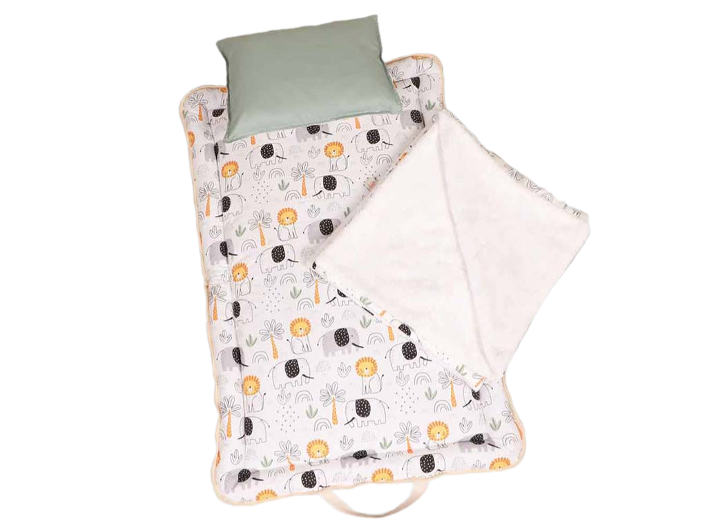 سرویس خواب دم دستی مسافرتی نوزادی مجموعه 3 عددی تشک، لحاف و بالشت با بسته بندی کیفی طرح فیل و شیر سبزآبی و طوسی الا ELA