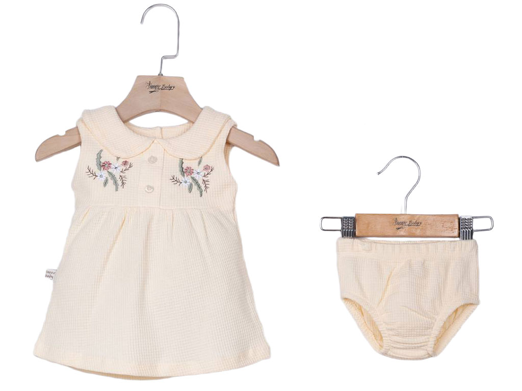 سارافون و شورت نوزاد و کودک رنگ نباتی طرح گلدوزی شده آی نور بیبی inoor baby