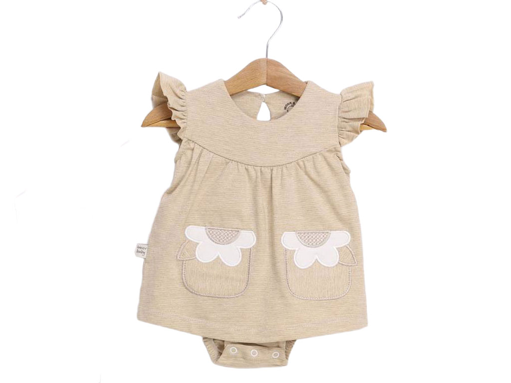 سارافون بادی نوزاد و کودک رنگ کرم نسکافه ای طرح گل های تکه دوزی شده آی نور بیبی inoor baby