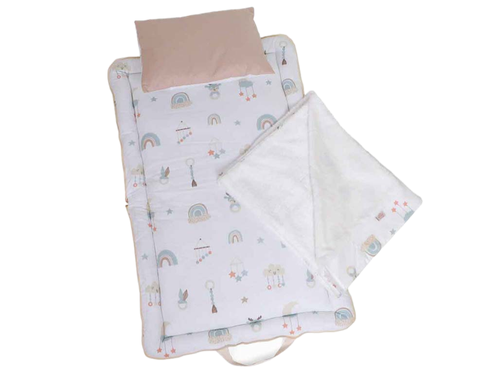 سرویس خواب دم دستی مسافرتی نوزادی مجموعه 3 عددی تشک، لحاف و بالشت با بسته بندی کیفی طرح  آویز رنگین کمان نسکافه ای الا ELA