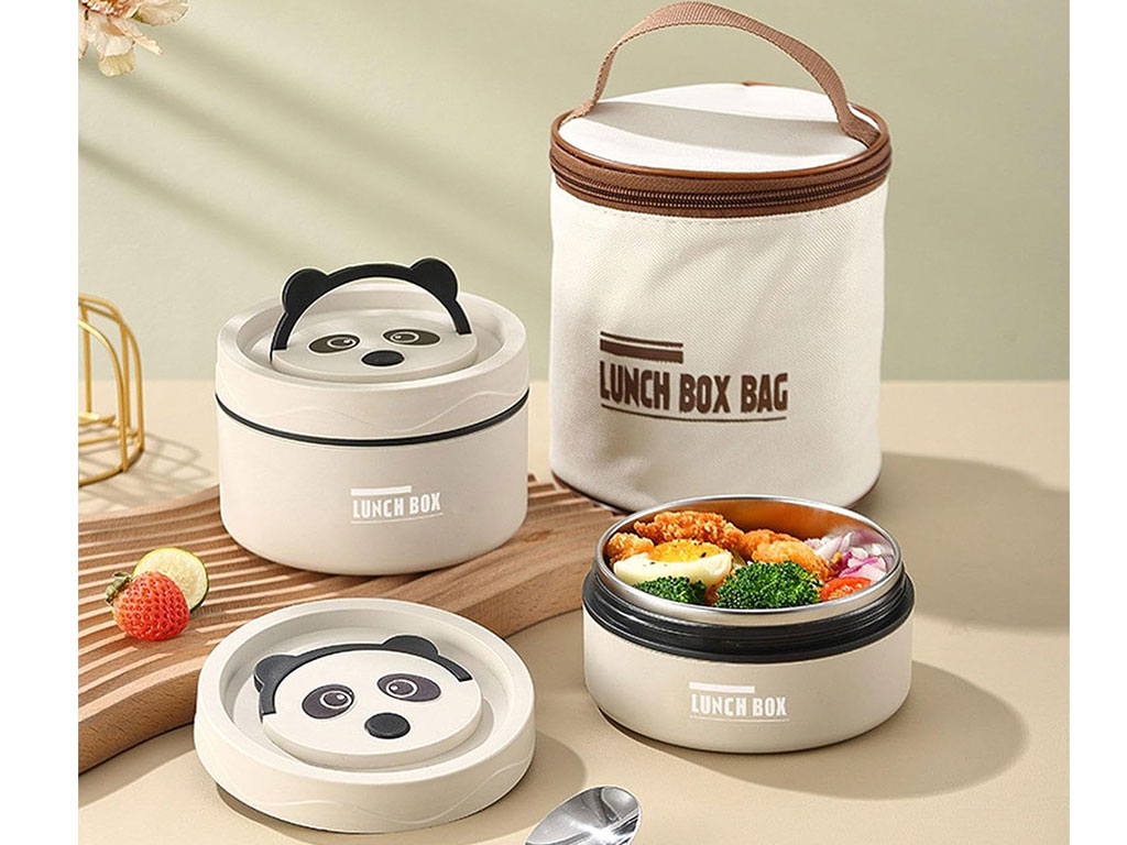فلاسک غذا سه عددی داخل استیل و  کیف عایق غذا طرح پاندا