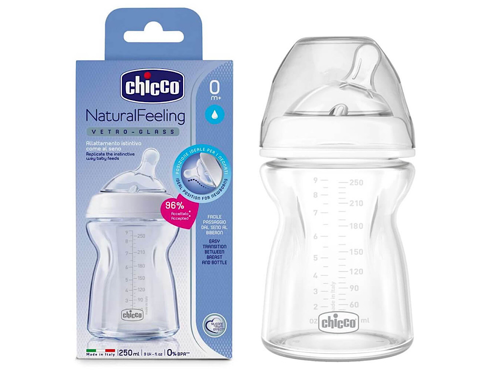 شیشه شیر پیرکس نوزادی آنتی کولیک 250 میلی لیتر از بدو تولد مدل  نچرال فیلینگ Natural Feeling چیکو chicco