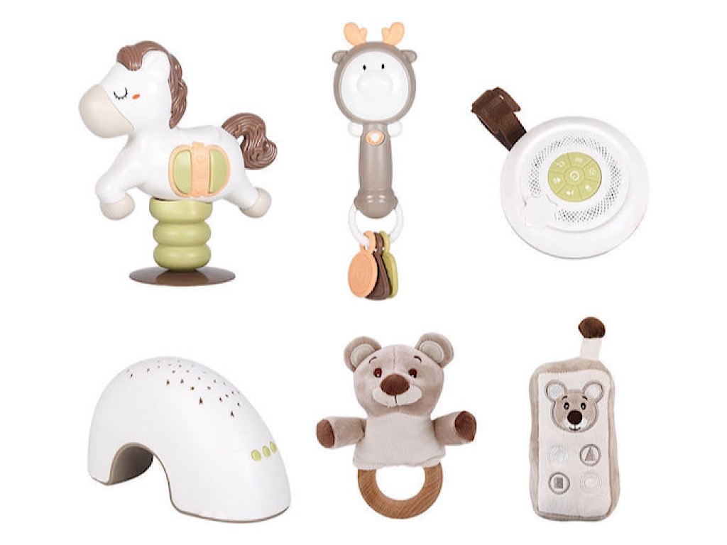 ست لاکچری جغجغه و چراغ خواب موزیکال  نوزادی 6 عددی کرم نسکافه ای هارد باکس چمدانی کایچی kaichi