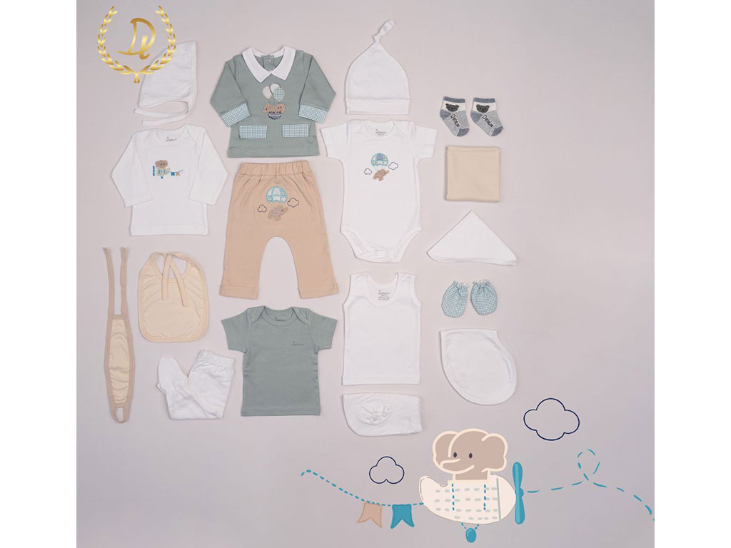 ست بیمارستانی 19 تکه نوزادی طرح گلدوزی شده فیل و بالن دانالو Danaloo