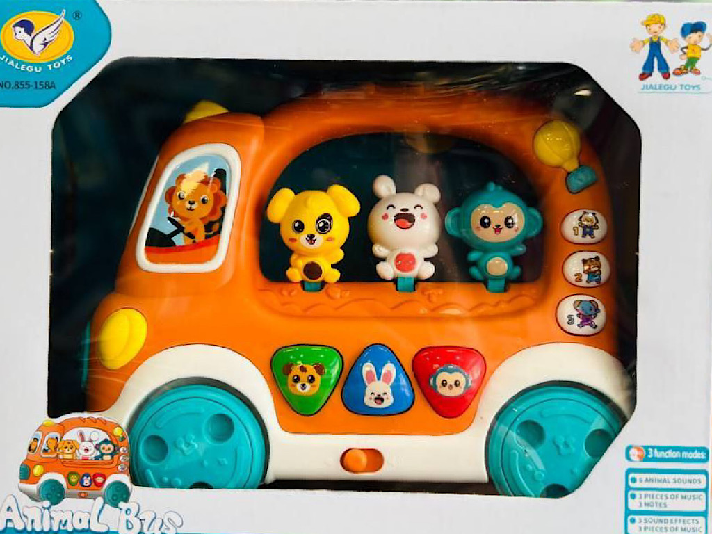 ماشین موزیکال و چراغ دار طرح اتوبوس با حیوانات متحرک اسباب بازی jialegu toys