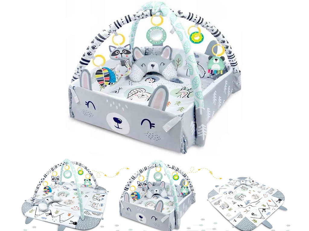 تشک بازی 4 کاره دارای آویزهای عروسکی و توپ رنگی مدل خرگوش و حیوانات جنگل