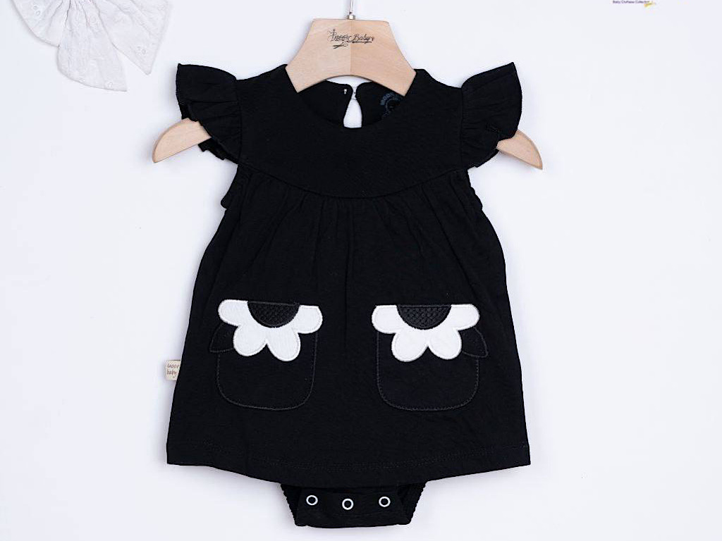 سارافون بادی نوزاد و کودک رنگ مشکی طرح گل های تکه دوزی شده آی نور بیبی inoor baby
