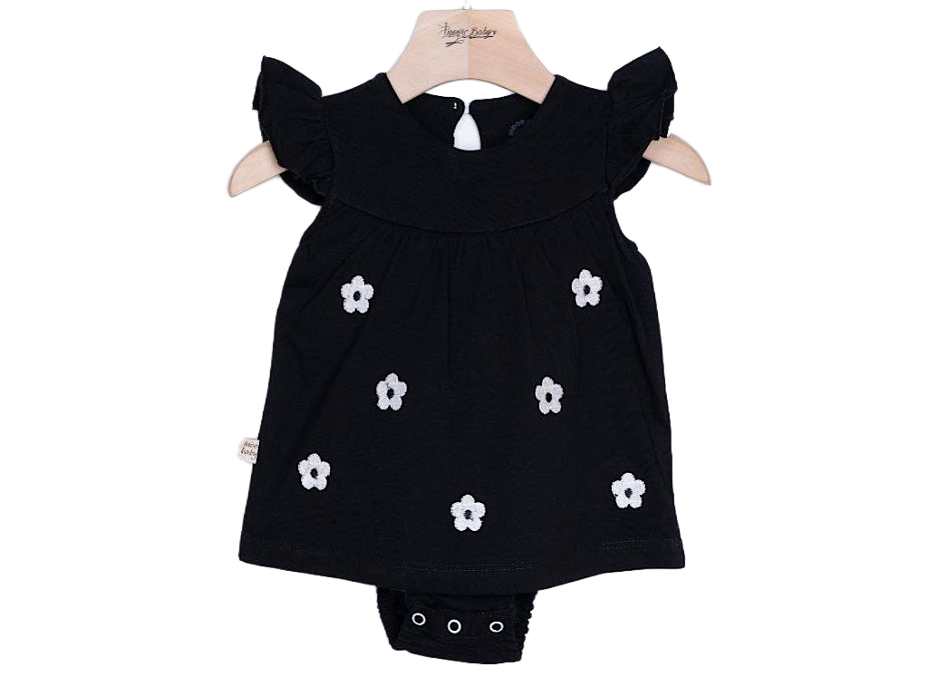 سارافون بادی نوزاد و کودک رنگ مشکی طرح گل های ریز سفید تکه دوزی شده آی نور بیبی inoor baby