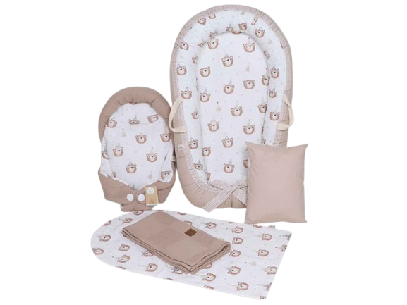 ست تشک لبه دار و آغوشگیر (قنداق سوئیسی) با بالشت و روانداز و زیرانداز تعویض طرح خرس تولد نسکافه ای الا ELA