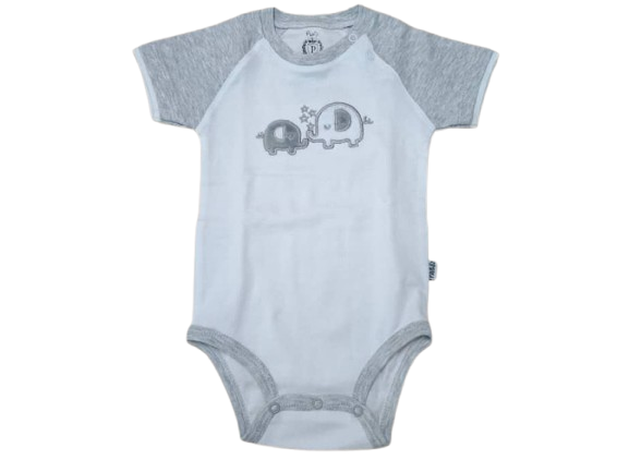 بادی آستین کوتاه نوزادی پسرانه خاکستری و سفید رنگ طرح الفنت پاریز Pariz