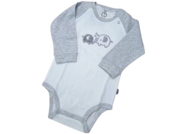 بادی آستین بلند نوزادی پسرانه سفید و خاکستری رنگ طرح الفنت پاریز Pariz