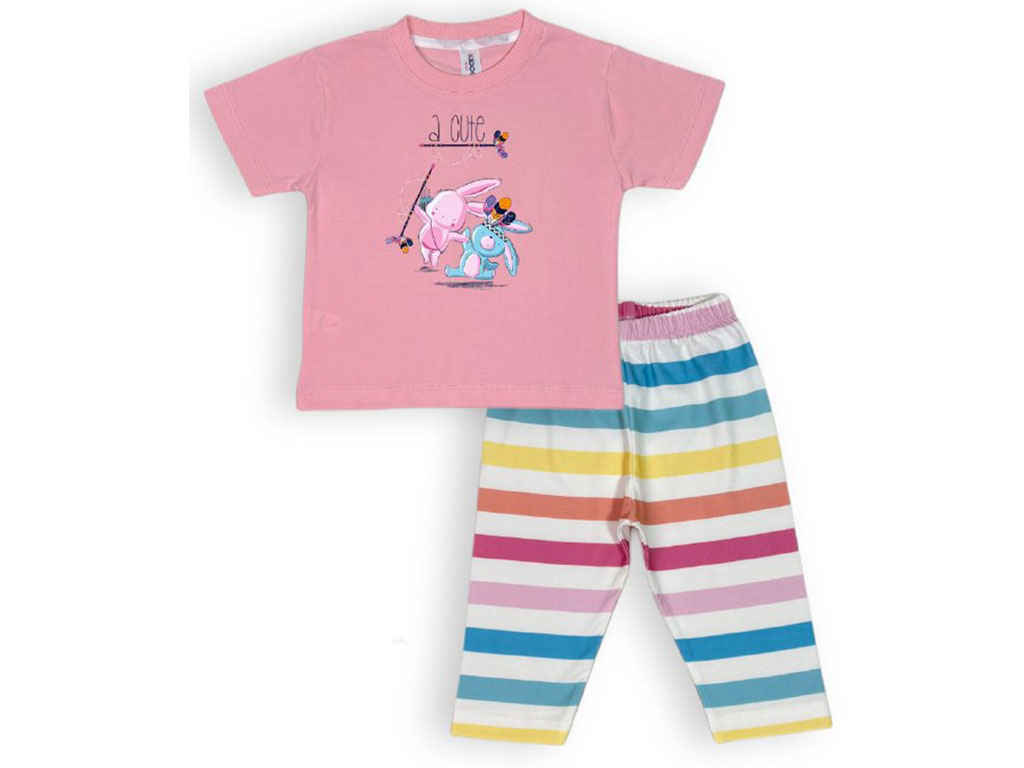 تیشرت و شلوار دخترانه رنگ صورتی کمرنگ طرح خرس و خرگوش سرخ پوست کیدومکس kido max