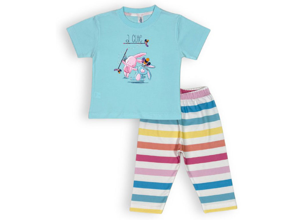 تیشرت و شلوار دخترانه رنگ سبزآبی طرح خرس و خرگوش سرخ پوست کیدومکس kido max