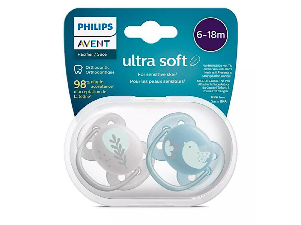 پستانک ارتودنسی  دو عددی نوزادی 18-6 ماه مدل ultra soft فیلیپس اونت philips avent