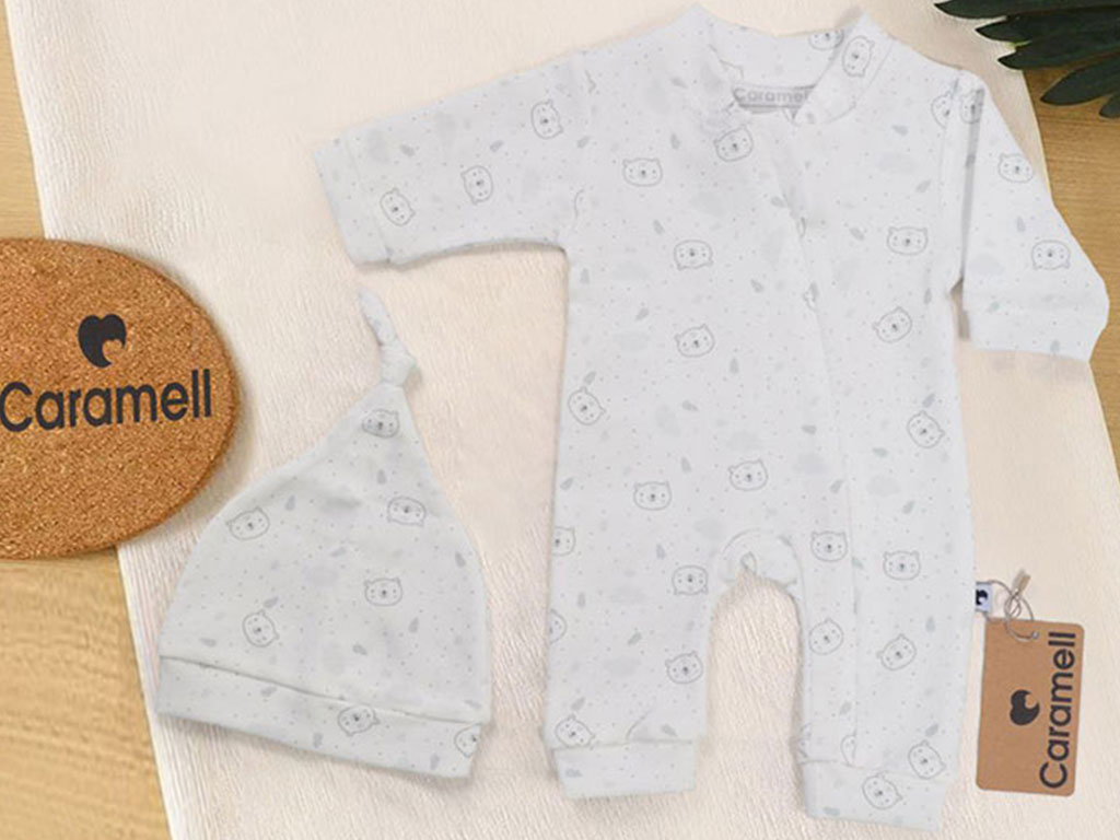 سرهمی نوزادی کلاه دار سفید رنگ طرح خرس کارامل caramell