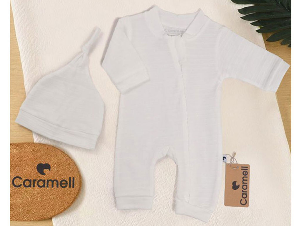 سرهمی نوزادی کلاه دار سفید رنگ کارامل caramell