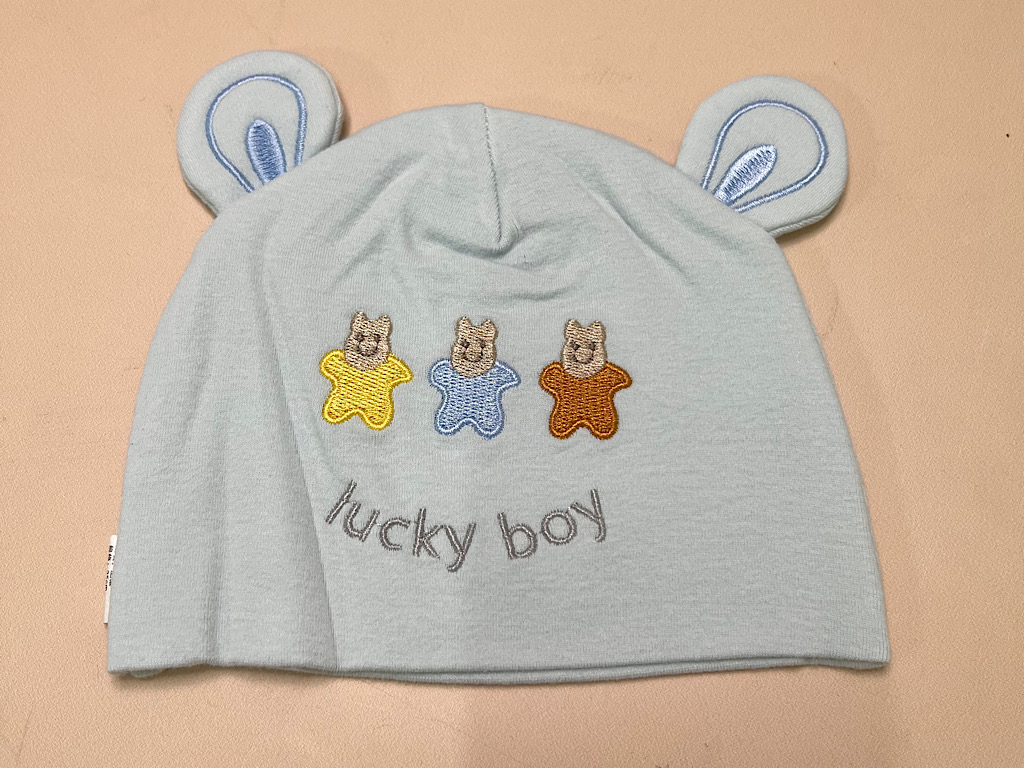 کلاه نخی نوزادی طرح دار Lucky boy (دور سر 34 cm)