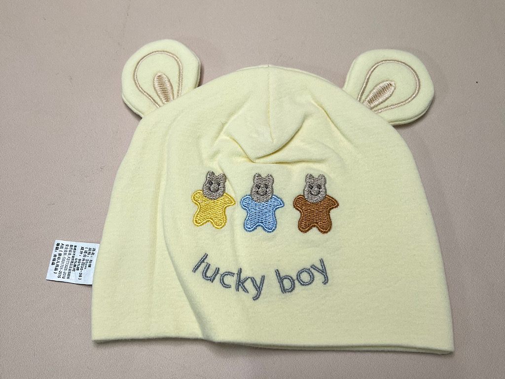 کلاه نخی نوزادی طرح دار Lucky boy (دور سر 34 cm)