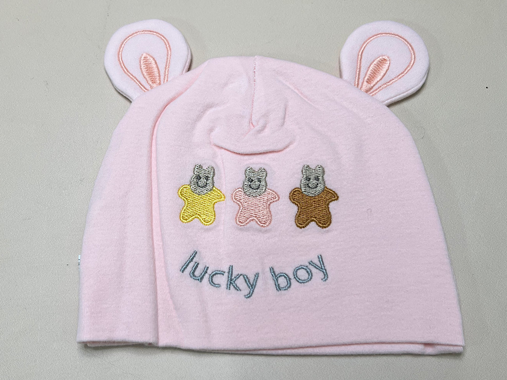 کلاه نخی نوزادی طرح دار Lucky boy (دور سر 34 cm)