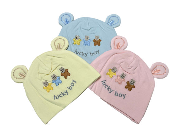 کلاه نخی نوزادی طرح دار Lucky boy (دور سر 34 cm)