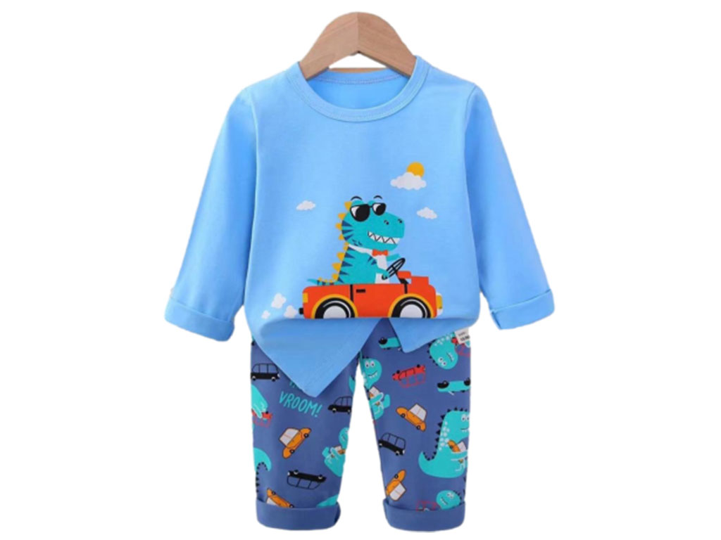 بلوز و شلوار راحتی پسرانه رنگ آبی طرح دایناسور ماشین سوار