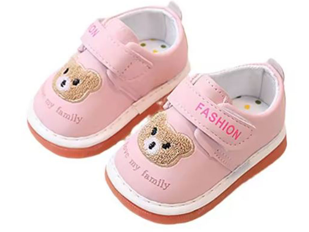 کفش سوتی و جغجغه ای دخترانه نوزادی رنگ صورتی طرح خرس تدی