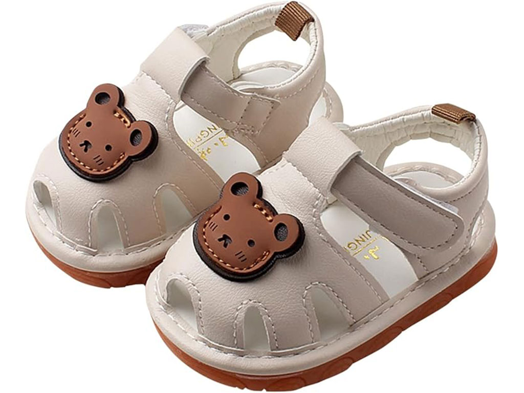 کفش سوتی و جغجغه ای نوزادی رنگ استخوانی طرح خرس قهوه ای