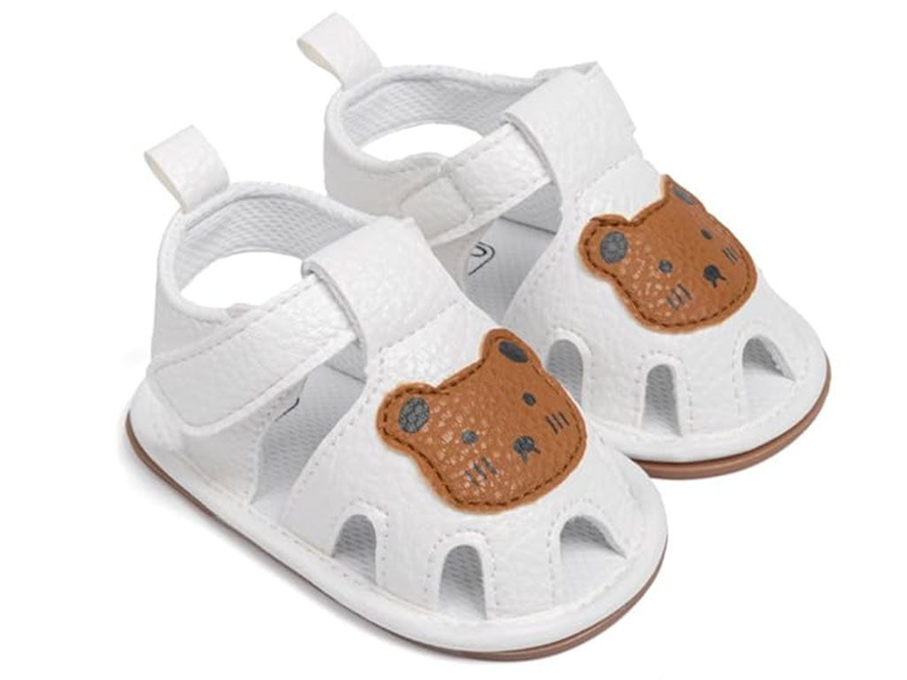 پاپوش نوزادی مدل صندل چسبی رنگ سفید طرح خرس