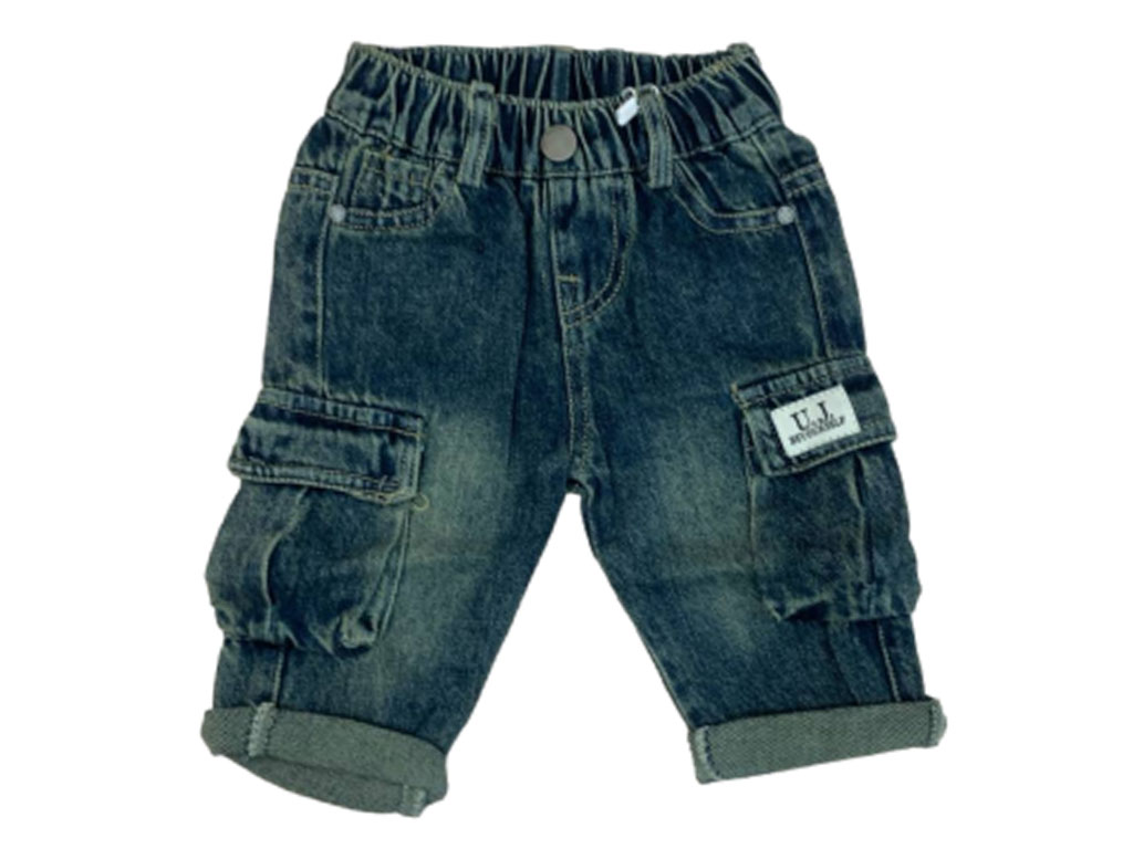 شلوار جین مام استایل کمرکش پسرانه کارگو رنگ آبی کثیف