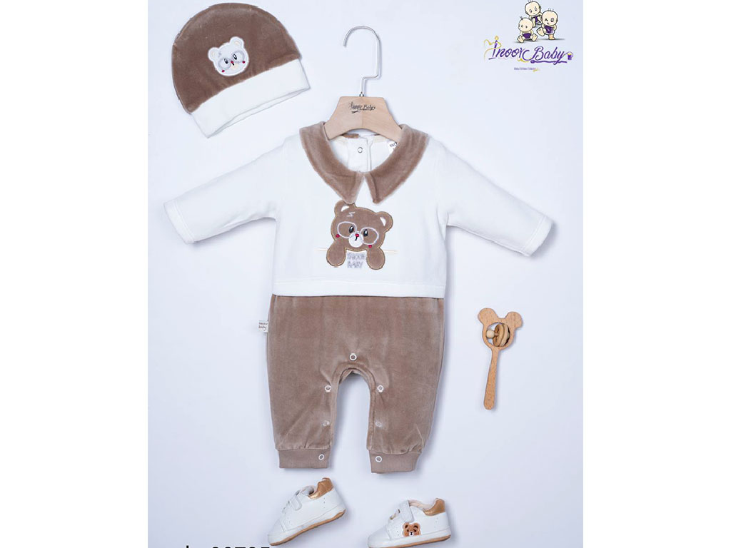 سرهمی مخمل نوزادی دارای کلاه طرح خرس عینکی آی نور بیبی inoor baby
