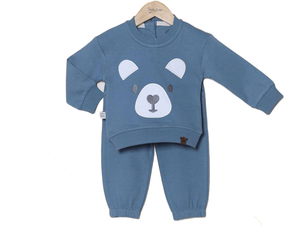 بلوز و شلوار دورس رنگ آبی کبریتی طرح خرس دماغ قلبی آی نور بیبی inoor baby