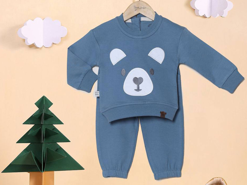 بلوز و شلوار دورس رنگ آبی کبریتی طرح خرس دماغ قلبی آی نور بیبی inoor baby