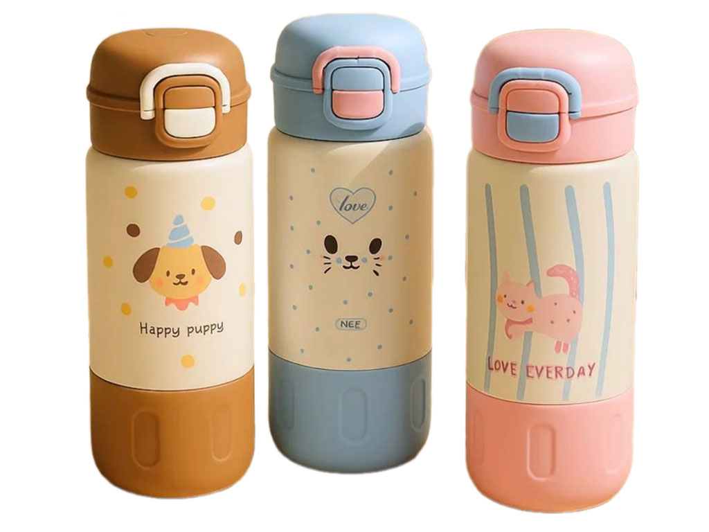 فلاسک استیل نی دار حجم 500 میلی لیتر دارای بند دستی طرح حیوانات