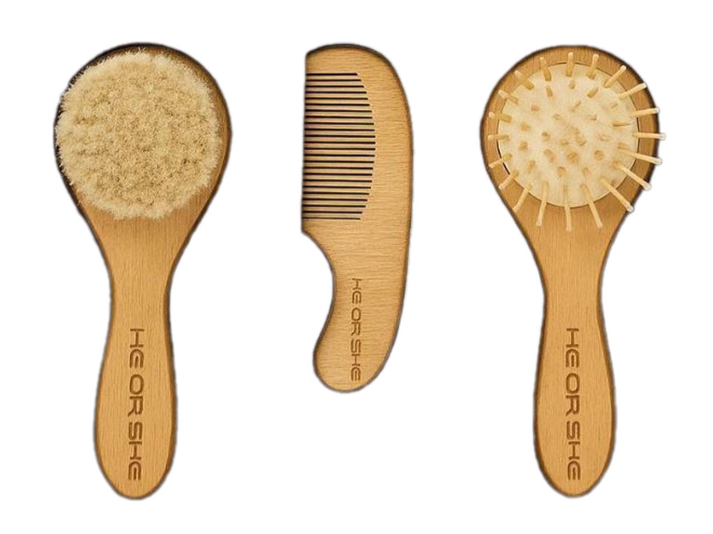 ست شانه و برس چوبی 3 عددی نوزادی هی اور شی heorshe